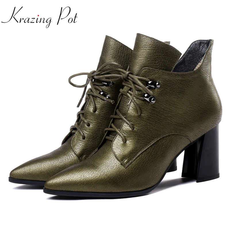 

Krazing Pot luxury genuine leather square heels movie star boots style keep warm pointed toe lace up big size ankle boots L6f2