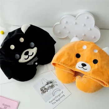 

Candice guo! Super cute plush toy shy shiba Akita dog soft U shape pillow hooded cap creative birthday Christmas gift 1pc