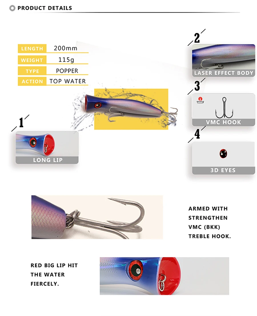 NOEBY Топ Троллинг Поппер приманка 200 мм 116 г большая игра жесткая рыболовная приманка с VMC крючком для рыбалки тунец Марлин GT NBL9248