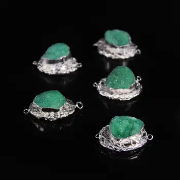

5pcs,Plating Silver Wire Wrapped Green Agates Geode Slice Nugget Connector,Natural Quartz Geode Bird nest Slab Pendant Bracelet