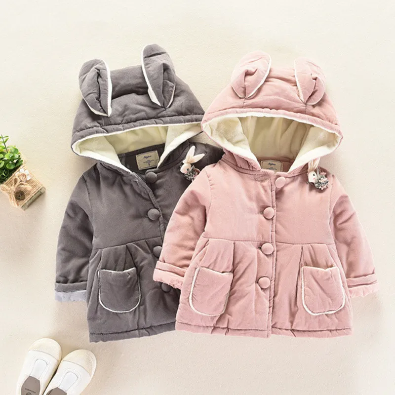 

2018 Autumn Winter Cotton Clothing Rabbit Ears Child Thick Warm Wool Coat For Girls Jacket Kids Hooded Mantle Baby Girl Clothes