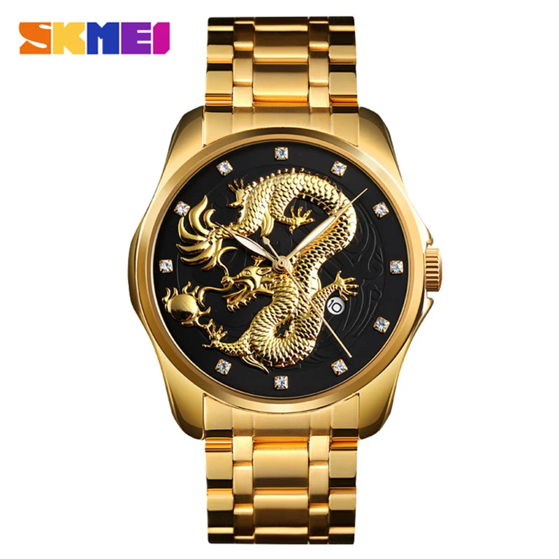 SKMEI Роскошные Брендовые мужские часы золотой китайский дракон кварцевые часы водонепроницаемые отображение даты полный стальной Ремешок наручные мужские часы - Цвет: gold black