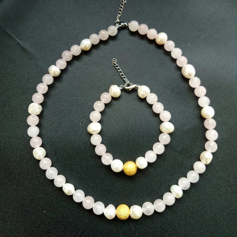 

NYMPH Natural Baroque Pearl Jewelry Set For Women Pink Agate Stone Beads Necklace Bracelet Gift TZZ208
