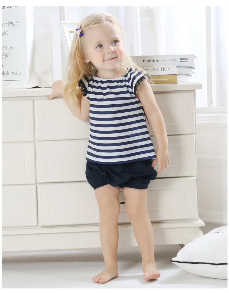 Hot Sale Children Girls Clothing Sets Striped Short Sleeve Blue Top T Shirt Crepe Shorts PP Pants 2Pcs Outfits Children Sets 