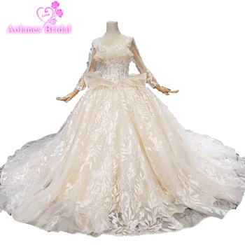 شراءفاخر الدانتيل الكرة ثوب الزفاف مثير قبالة الكتف الدانتيل يزين الخرز Vestido De Noiva 2019 الكشكشة فساتين الزفاف