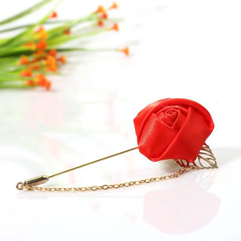 

1 pc Fashion Male Suits Gold Leaves Roses Brooches Corsage Collar Flowers Long Needle With Chain Handmade Lapel Pin Brooch