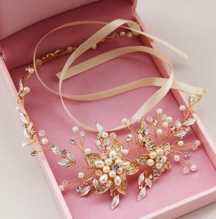 Luxury Ribbon Rhinestone Crystal Pealrs Flower Wedding Headband Hair Vine Bridal Hair accessories
