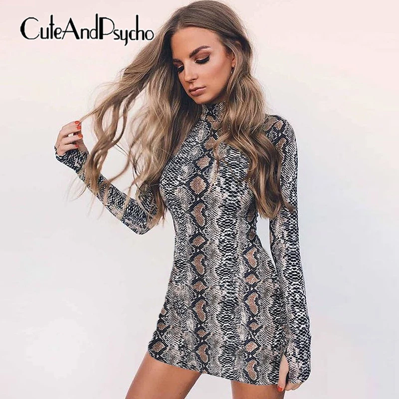 

2019 Snake Skin Print Sexy Dress Turtleneck Bodycon Dresses Long Sleeve Women Mini Short Dress Autumn Winter Cuteandpsycho