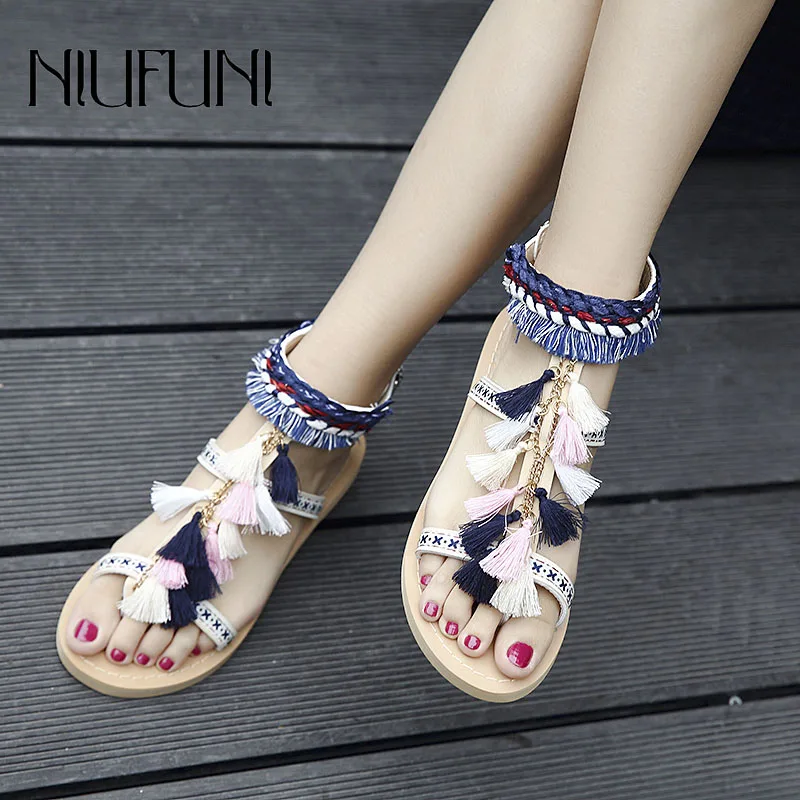 

Fashion Tassel Casual Flat Shoes 2020 Women's Sandals Summer Low Heel New Bottom Comfortable Buckle Beach NIUFUNI Ladies Shoes