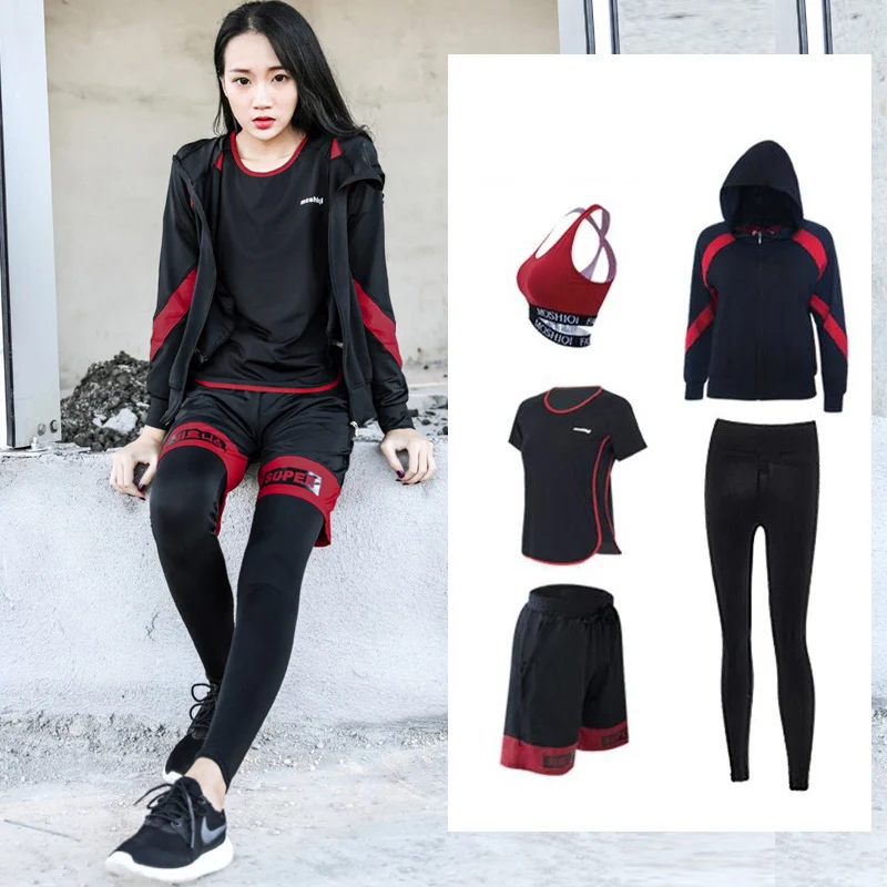 

Yoga Set Large Size Fitness Elastic Quality Women Sport Suit Zipper Jacket Shirt Bra Pants Short 5 Pcs Breathable Gym Suits