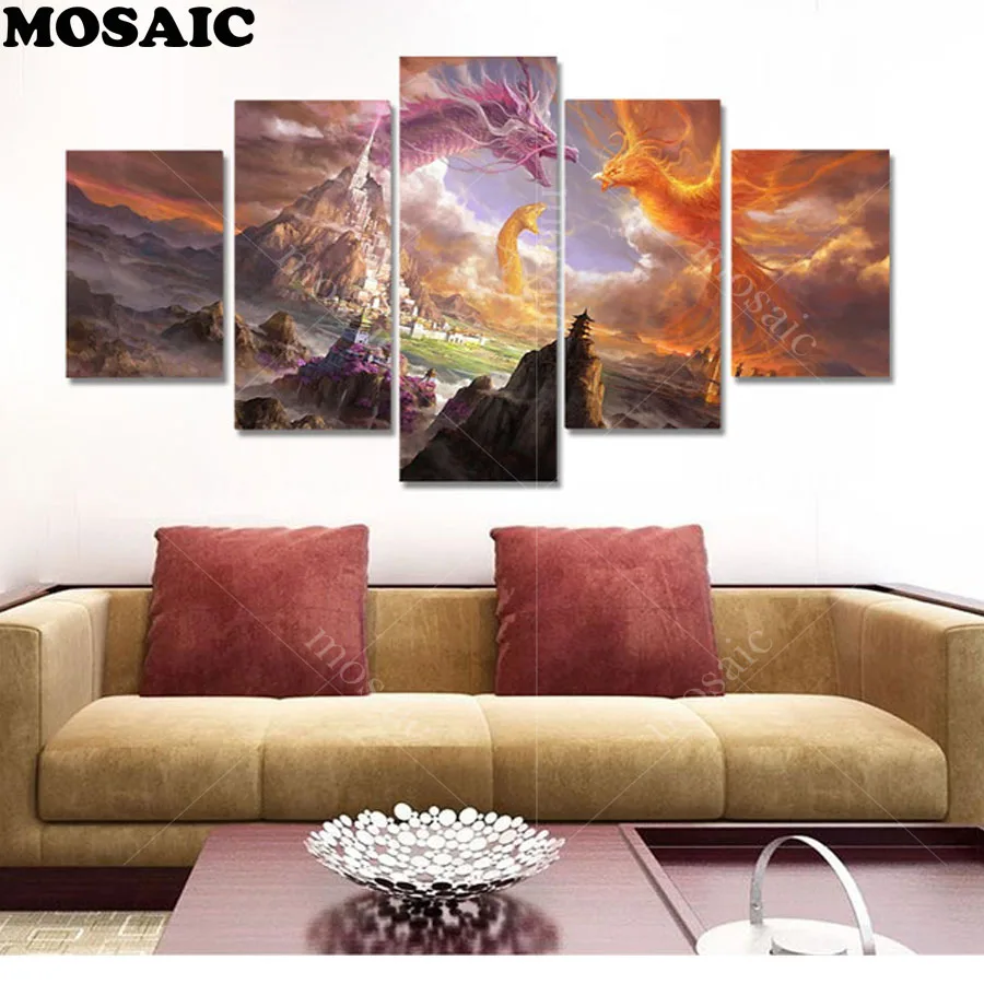 

Full square diamond painting 5 pcs cross stitch kit Phoenix/Dragon/Struggle 5D diy diamond embroidery mosaic home decoration