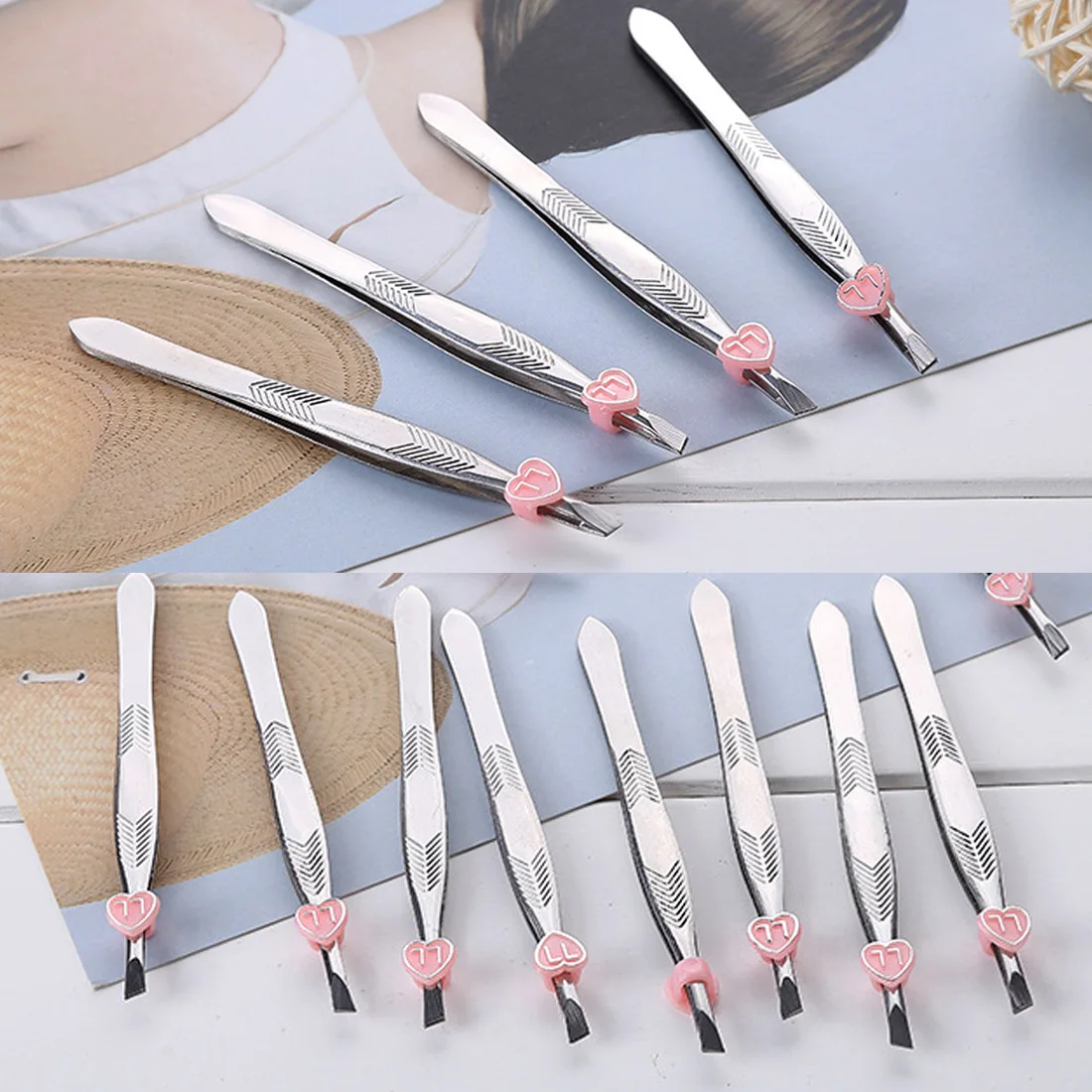 12Pcs/pack Stainless Slanted Eyebrow Face Hair Removal Clip Tweezers