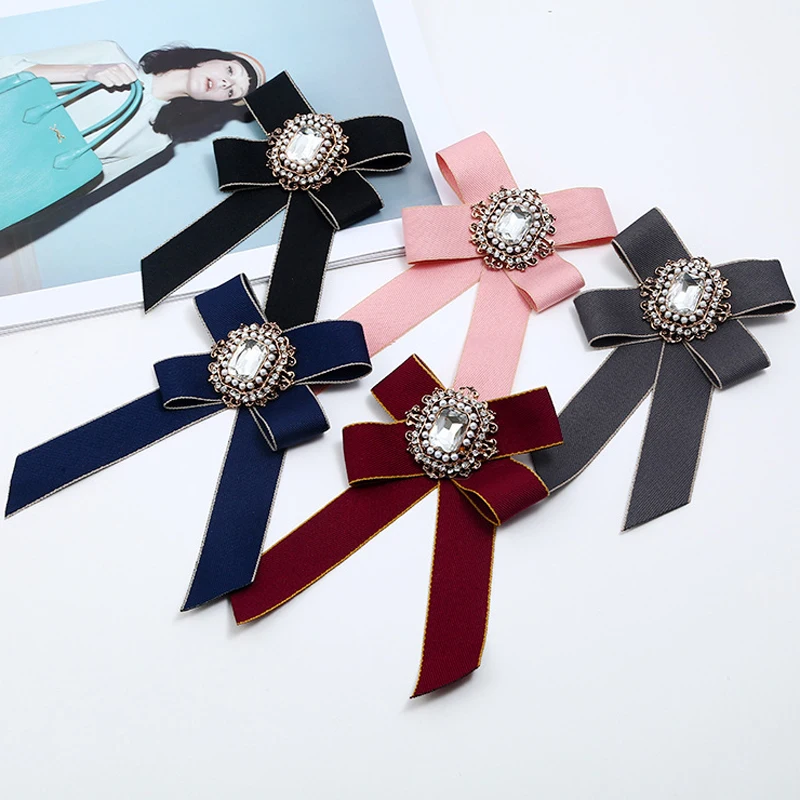 

British Style Ribbon Bowtie Collar Wedding Flower Rhinestone Bowknot Neckties Girls School Uniform Neck Bow Ties For Women Men