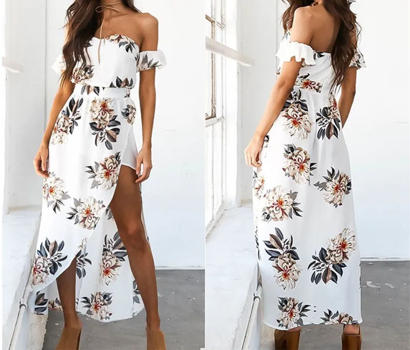 

2018 Newly Summer Fashion Boho Women Ladies Dress Off Shoulder Strapless Floral Print Ruffles A-Line Ankle-Length Dress