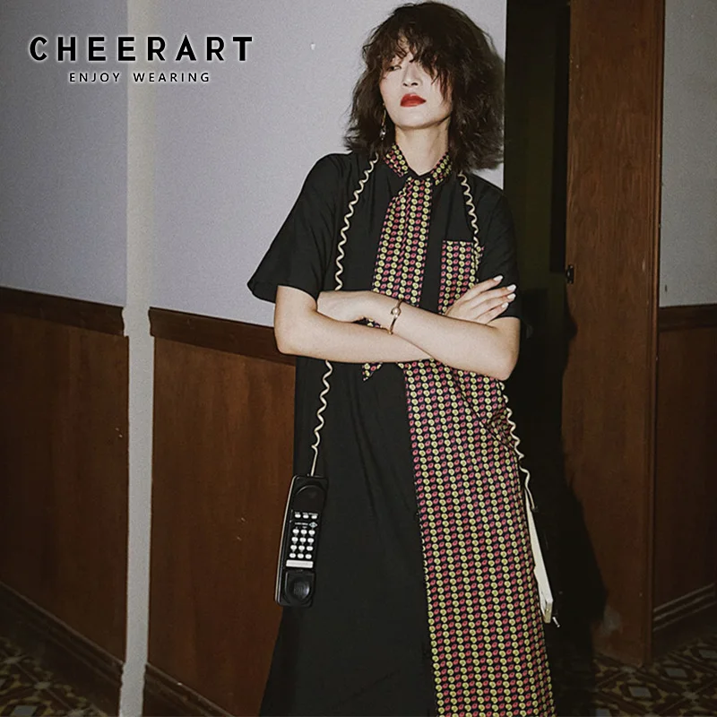 

Cheerart Long Shirt Dress Patchwork Loose Dress Women A Line Black Designer Dress 2019 Summer Fashion