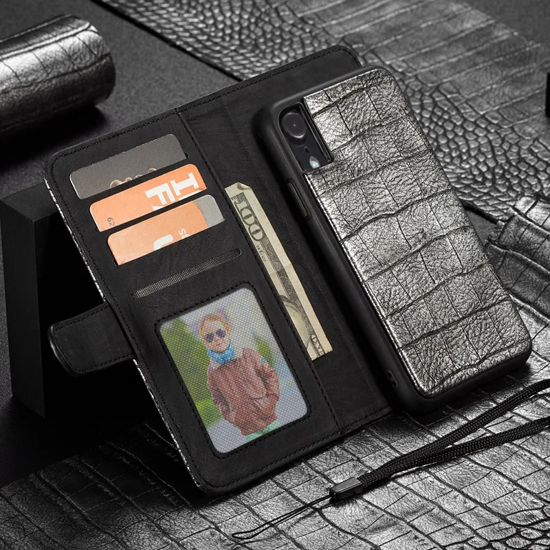 Чехол-бумажник WHATIF для Iphone Xs Max Xr X 8 7 Plus, кожаный чехол с узором «крокодиловая кожа», Отделяемый магнитной застежкой, чехол-книжка с подставкой для карт - Цвет: Silver-Black