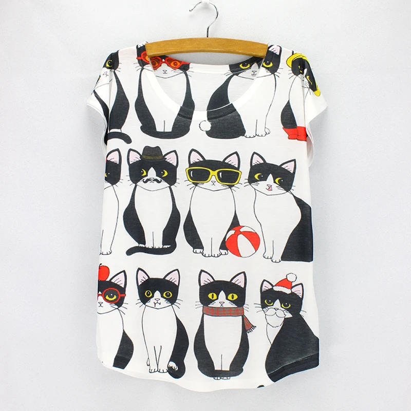 

Fashion Black cats print women top tees 2016 summer tees girls short sleeve t-shirt American & European new design tops