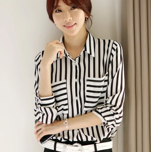 Corea Blusas moda 2016 primavera ol mujeres blusa negro blanco rayas Camisa de gasa manga larga blusa mujeres|women blouses|women blouse fashion - AliExpress