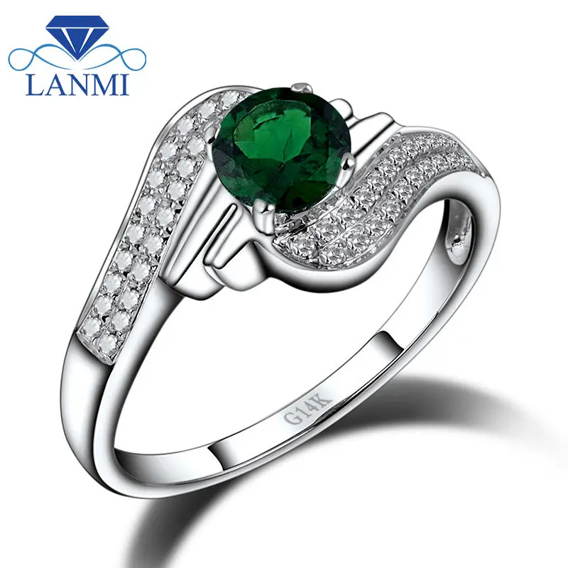 Круглый 5x5 мм одноцветное 14kt белого золота зеленый цаворит Обручение кольцо sr0537