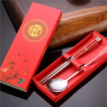 

150sets 5 colors creative practical dinnerware set stainless steel spoon chopsticks with gift box wedding favors W7154