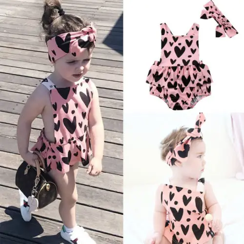 

Newborn Toddler Kids Girls Bodysuits Fashion Baby Girl Backless Bodysuits Heart Print Ruffles Bodysuits Baby Clothing