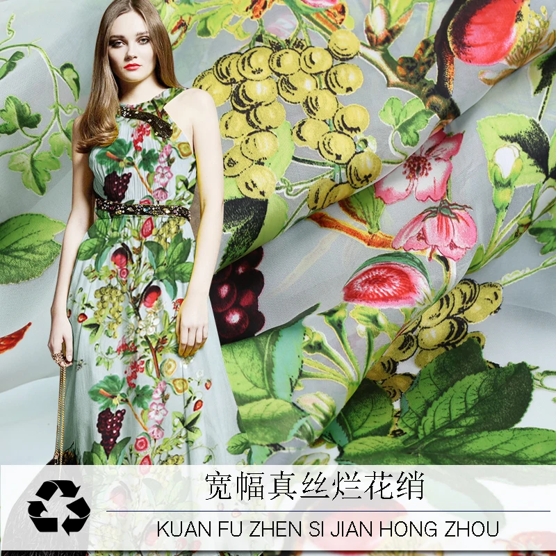 

New Spring and Summer Green Fruit Printed Wide Real Silk Rotten Tape Fabric Handmade Diy Jacquard Silk Dress Silk Scarf Fabric
