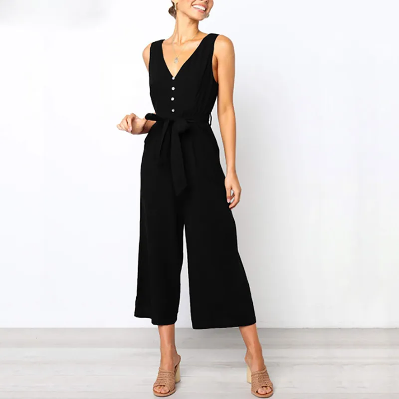 yashangyi One Piece Jumpsuit Women 2019 Summer Button Rompers Femme V-Neck Sleeveless Backless Clothing Overalls With Belt