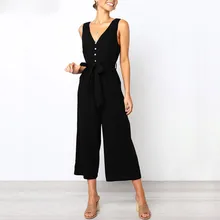 yashangyi One Piece Jumpsuit Women 2019 Summer Button Rompers Femme V-Neck Sleeveless Backless Clothing Overalls With Belt