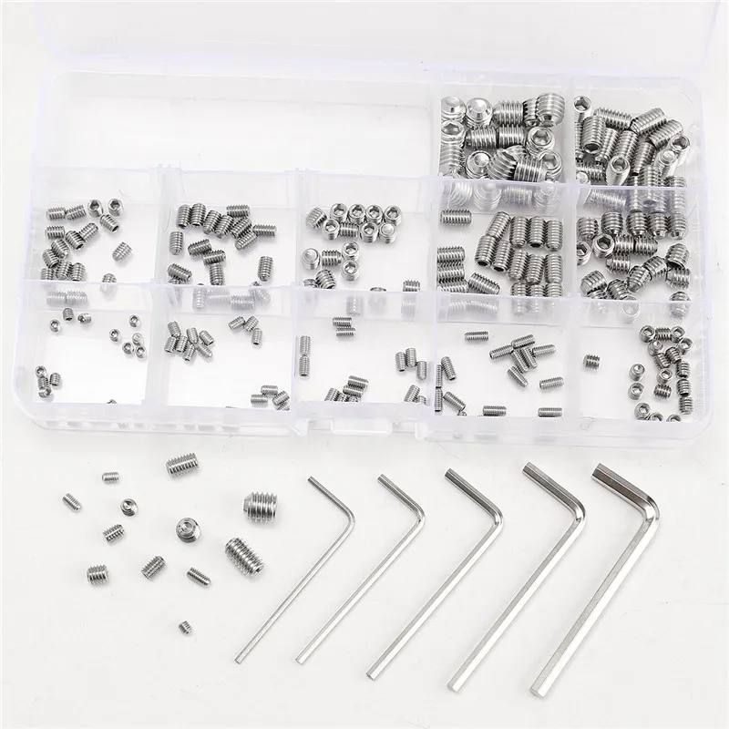 

MTGATHER 240Pcs Stainless Steel Allen Head Socket Hex Set Grub Screw Nuts Assortment Kit Cup Point With 5 Wrench