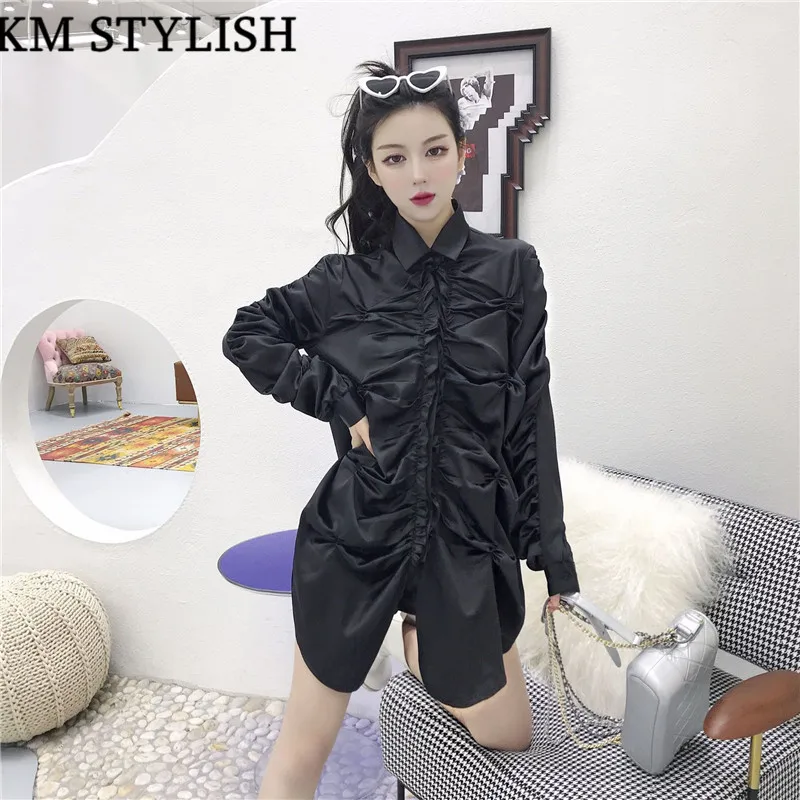 

2019 Spring New Ladies' Satin Irregular Folds Wood Ears Long Puff Sleeve Black & White Loose Shirt Dress Female