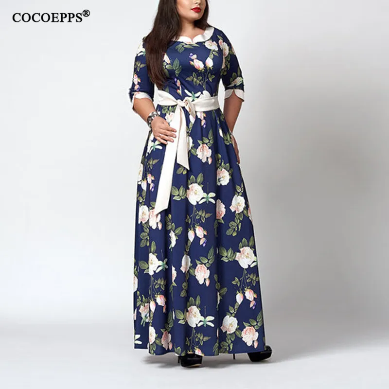 

2019 5XL 6XL Plus Size Floral Printing Boho Maxi Dress Large size Eleangt Women Autumn Winter Long Vestidos Vintage loose Dress