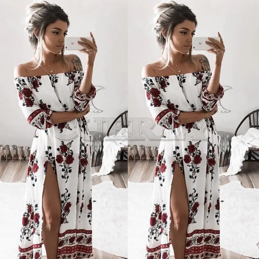 Image Women Summer Vintage Boho Floral Dresses Sexy CUERLY Neck Split Long Evening Party Beach Dress Floral Sundress Women Clothing