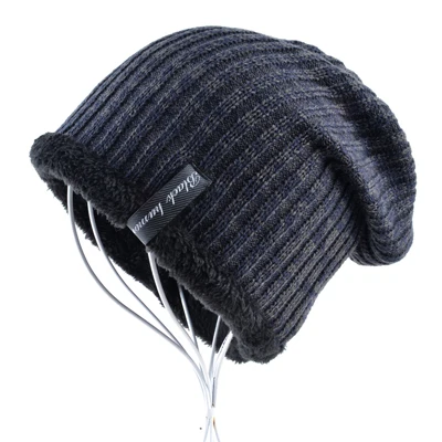 Унисекс gorros мужские зимние шапки для женщин вязаная шерстяная круглая шапочка Повседневная полосатая Кепка мужские шапочки плюс бархатная облегающая шапка - Цвет: Синий