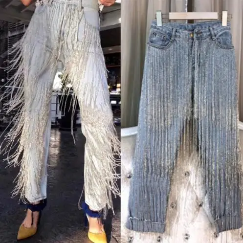 

2019 Spring and Autumn Fashion Handmade Beading Diamonds Tassel Jeans Women Retro Denim Pants Pencil Trousers