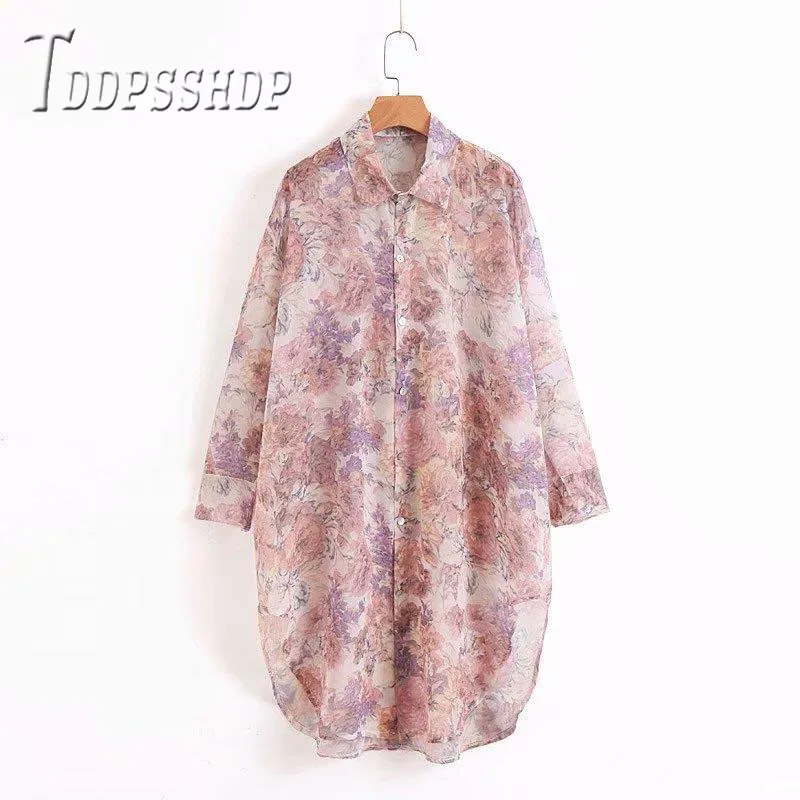 

2019 Beautiful Flower Print Women Blouse Spring Summer Sweet Long Female Blouses