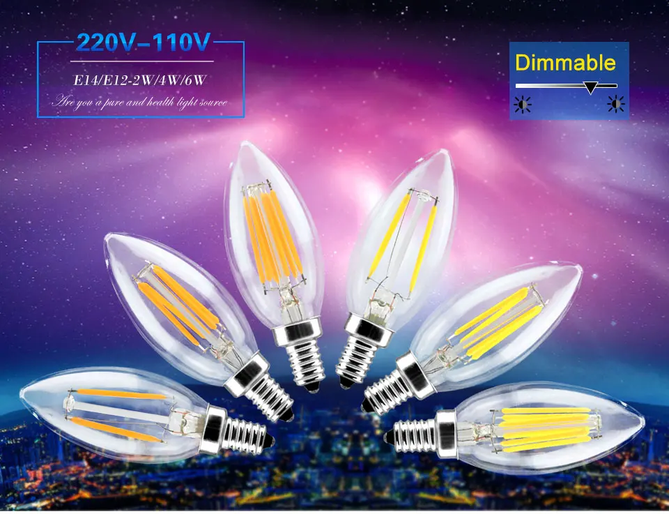 LED Candle Bulb E14 E12 2W 4W 6W AC 220V 110V Retro Antique Glass Edison Lamp Vintage C35 Filament Light for Chandelier (1)