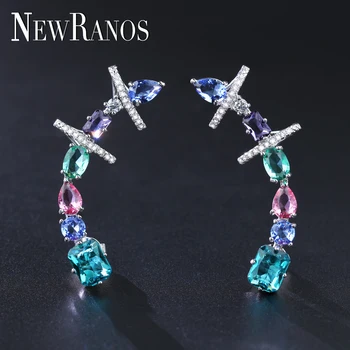 

Newranos Multi Color Ear Crawler Earrings Natural Crystal Stone Clip On Earrings CZ Ear Cuff Brincos for Women Fashion Jewelry
