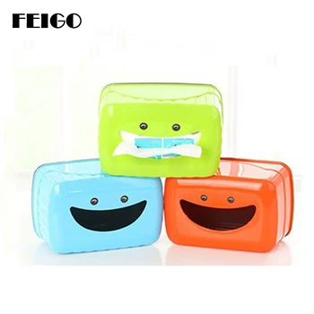 

FEIGO 1Pcs Tissue Box Cute Smiling Face Plastic Case Real Tissue Case Baby Wipes Press Home Tissue Holder Accessories Towel FK01