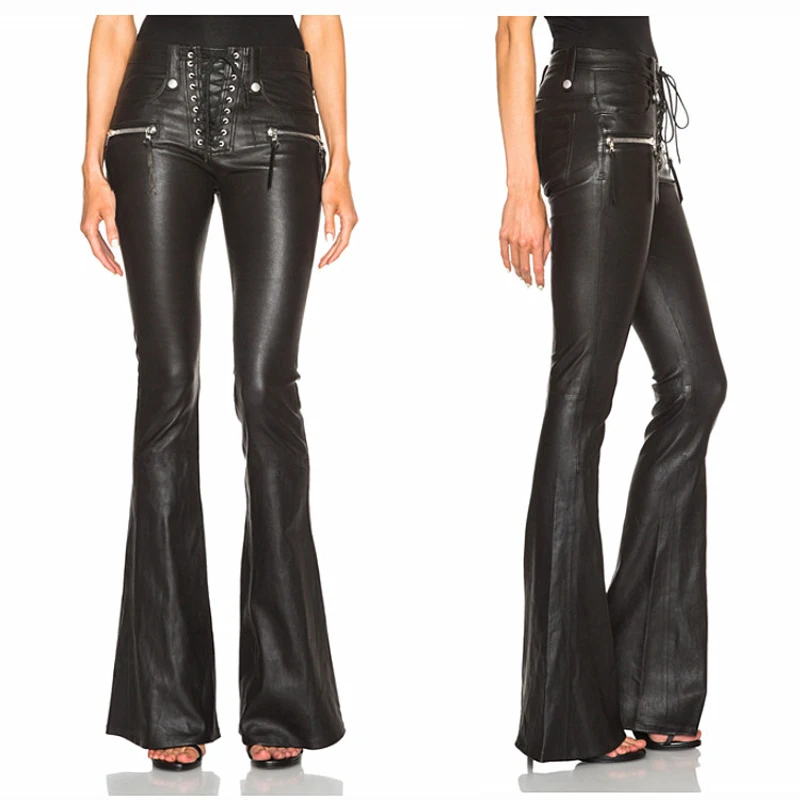 

2018 Spring and Autumn Female Water Wash PU Leather Pants Fashion Punk Lacing Boot Cut Trousers Sexy Black Pants