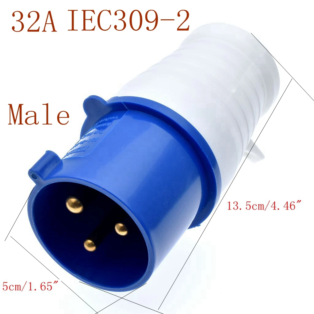 Résistant à la pluie Prise et coupleur 32 A 3 broches 230 V monophasé 32 A 32 A Intérieur/extérieur Bleu industriel IEC309-2 