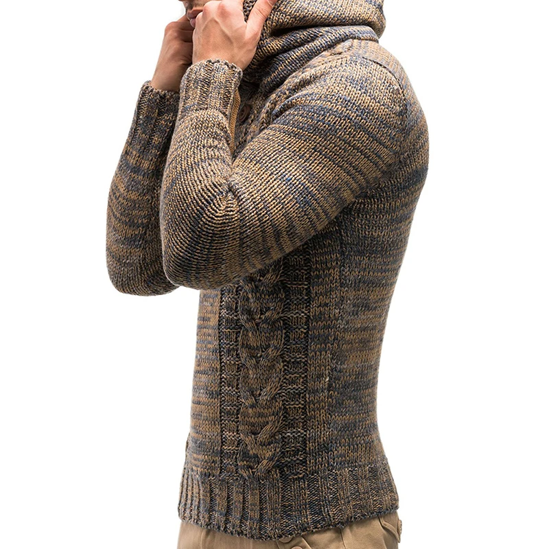 Hooded Knitted Sweater Men Solid Pullover Long Sleeve Button O Neck Cotton Sweaters Jumper Knitwear Winter Outerwear