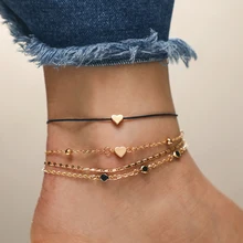 Hot 4PCS/Set New Boho Gold Color Heart Anklets For Women Black Rope Chain Ankle Bracelet On The Leg Foot Jewelry Gift