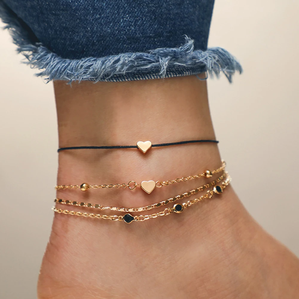 4PCS/Set Fashion Boho Heart Anklets For Women Black Rope Chain Ankle Bracelet On The Leg Foot Gold Color Jewelry Gift 2020 Hot 4PCS/Set Fashion Boho Heart Anklets For Women Black Rope Chain Ankle Bracelet On The Leg Foot Gold Color Jewelry Gift 2020 Hot