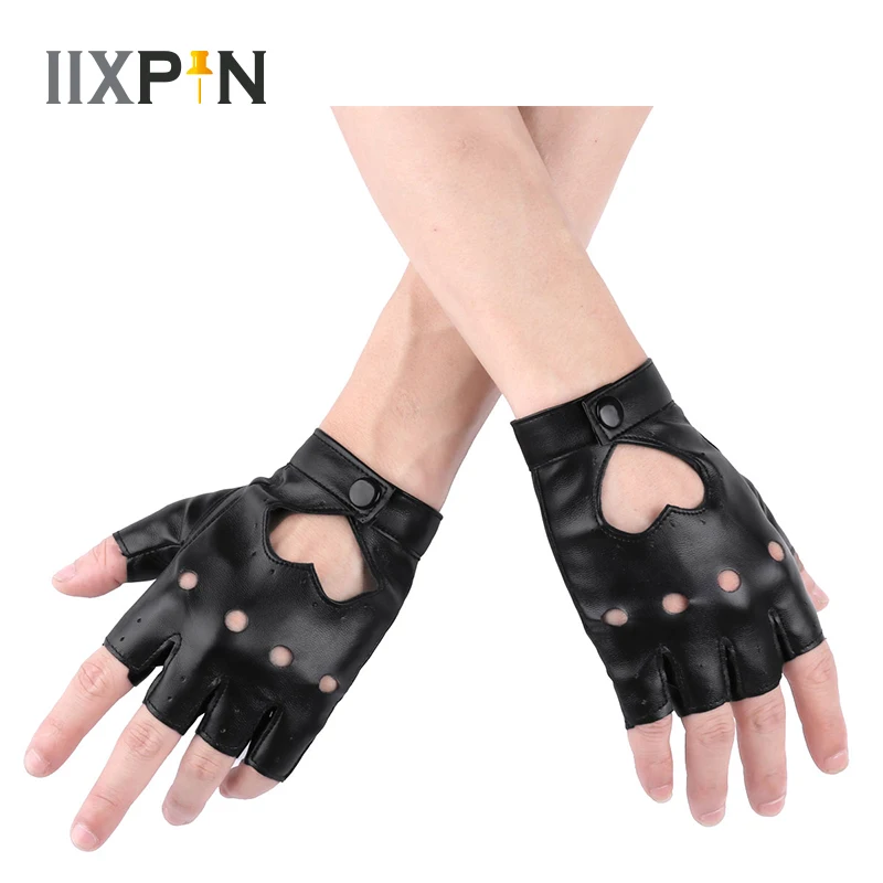 

IIXPIN Women Jazz Pole Hiphop Dance Gloves Heart Cutout Punk Half Finger PU Leather Performance Gloves dancing Costume Cosplay