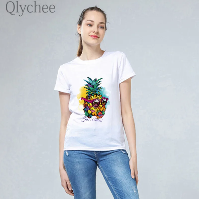 Qlychee/летние женские футболки с принтом фруктового Фруктового мороженого, свободные женские футболки с круглым вырезом и коротким рукавом