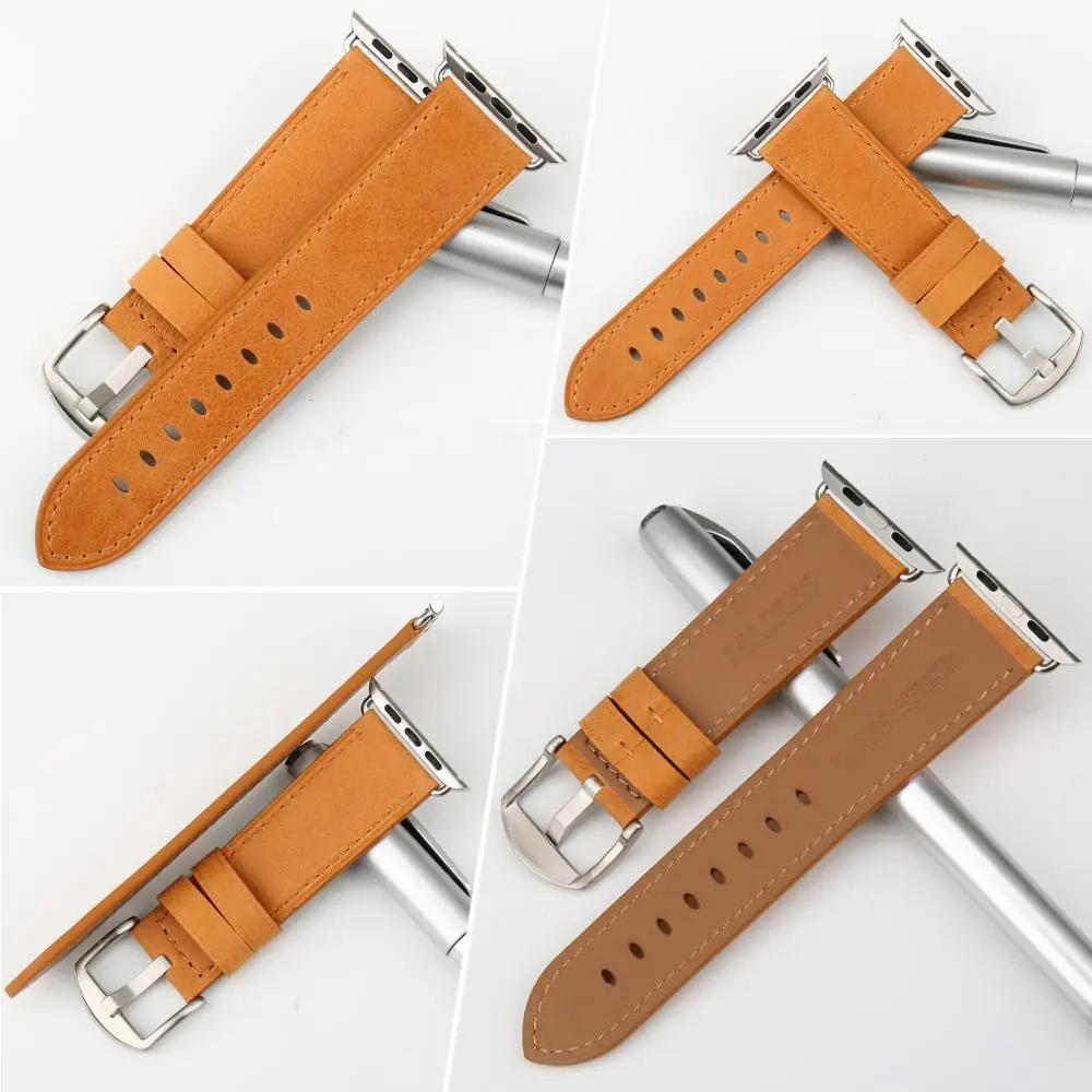 Ремешок MAIKES из натуральной кожи для Apple Watch Band 38 мм и Bands 42 iwatch 3 2 1 оранжевые