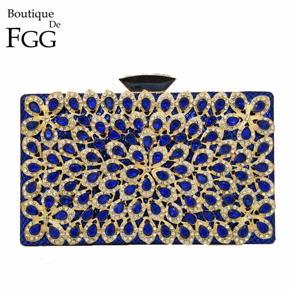 

Boutique De FGG Hollow Out Women Crystal Flower Clutch Wedding Purse Box Metal Clutches Ladies Evening Bags Female Party Bag