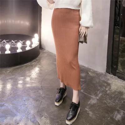 

Women Skirt Knitting Upset High Waist In Long Wool Split Package Buttocks Skirts Khaki Gray Black 1028