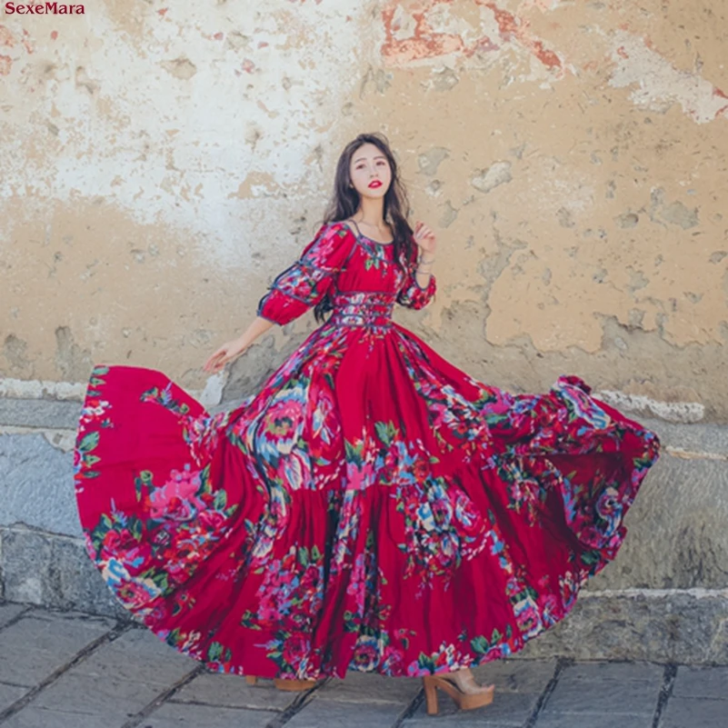 SexeMara fashion The New folk-custom printing Strapless shoulder Big pendulum Vacation Beach dress Free shipping
