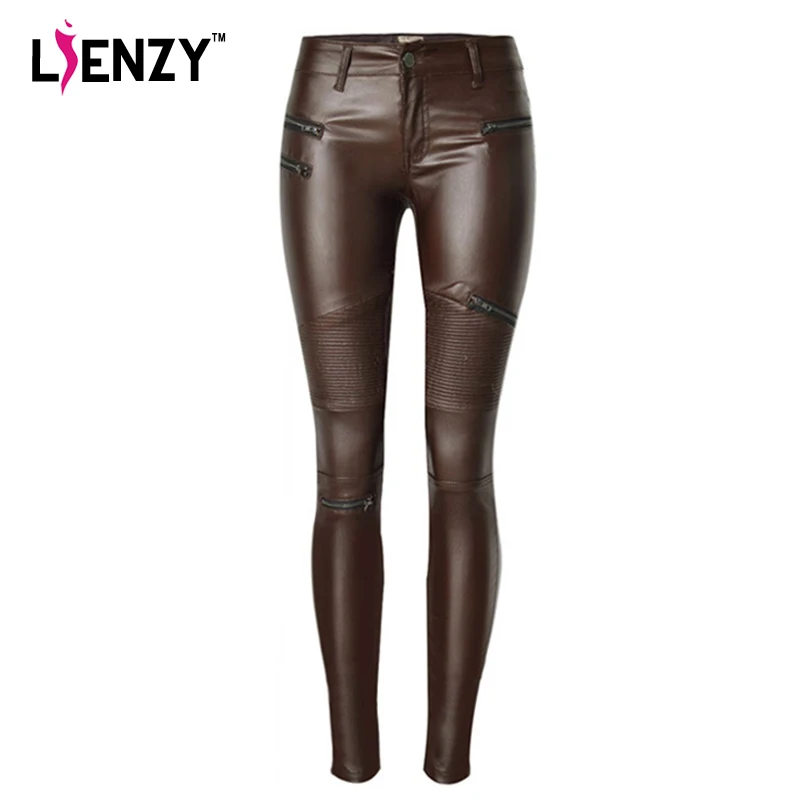 Image LIENZY American Apparel Sexy Women PU Leather Pants Coffee Color Multi Zipper Motorcycle PU Women Pencil Trousers 2XL